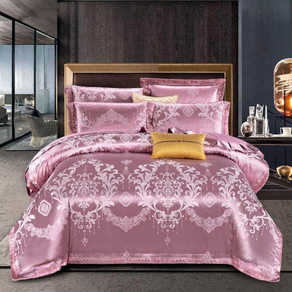 🎀 Silk Cotton Blend 4-Piece Bedding Set | European Jacquard & Hollow Lace Design