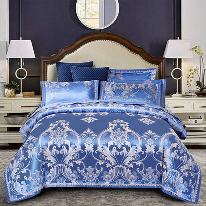 🎀 Silk Cotton Blend 4-Piece Bedding Set | European Jacquard & Hollow Lace Design