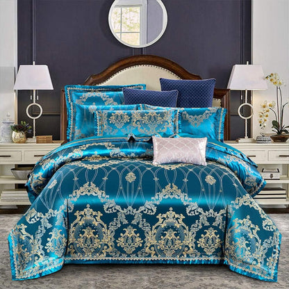 🎀 Silk Cotton Blend 4-Piece Bedding Set | European Jacquard & Hollow Lace Design