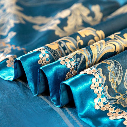 🎀 Silk Cotton Blend 4-Piece Bedding Set | European Jacquard & Hollow Lace Design